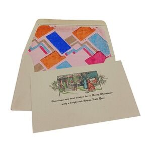 Antique Unused Christmas Greeting Card Victorian Couple House Child Hand Colored